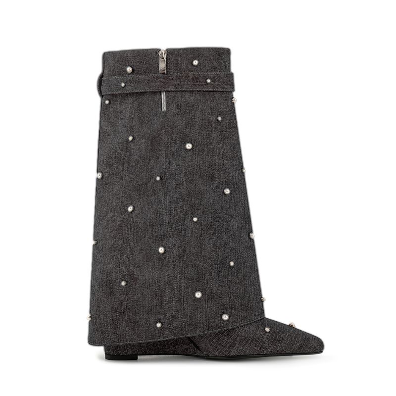 Neue, große Rhie Lockup-Jeansstiefel mit wadenlangen Keilabsatz für Damen_voghion.com