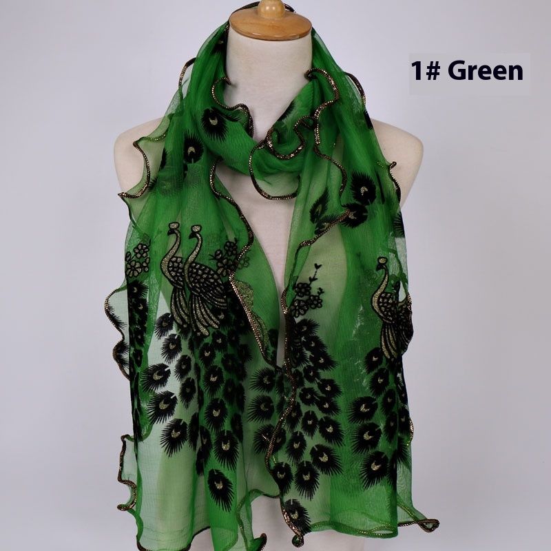 Peacock Plush Breathable Long Scarf With Gold Foil And Lace Edging For Women_voghion.com