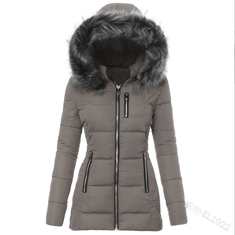 Modische Slim-Fit-Baumwolljacke mit Pelzkragen und Reißverschluss für Damen_voghion.com