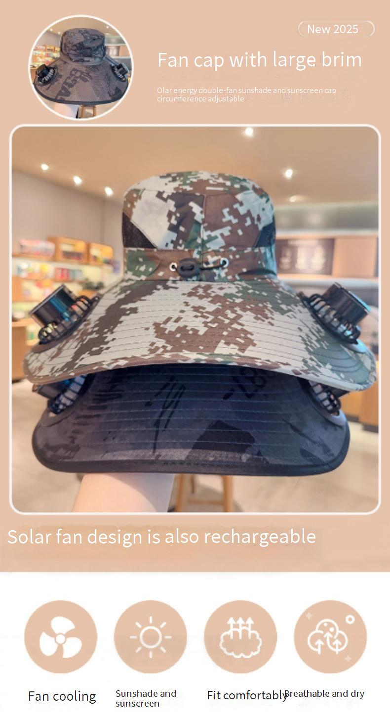Cappello mimetico a doppia ventola con alimentazione solare - Doppia ricarica USB e solare per uso esterno prolungato (protezione solare UPF50+, fascia regolabile)_voghion.com