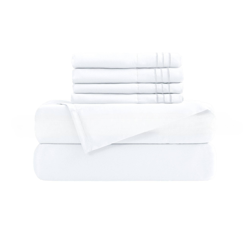 Set di biancheria da letto in tinta unita da 6 pezzi - federe ricamate e lenzuolo con angoli con triplo dettaglio_voghion.com