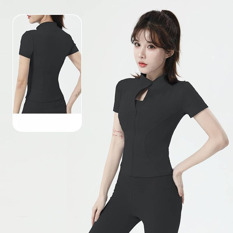 High-Elasticity Yoga Short-Sleeve Jacket Stand-Up Collar, Slim-Fit Compression Coat – Nude-Feel Fitness & Cycling Training Top_voghion.com