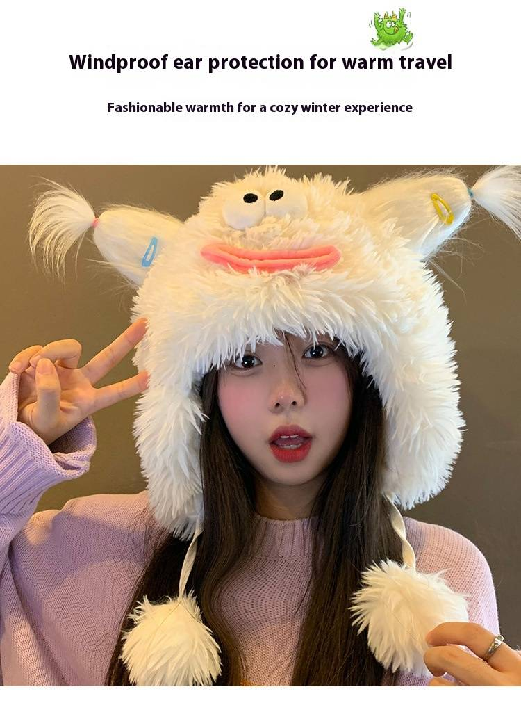 Lustige, hässliche, süße Plüschmütze für Damen, Herbst und Winter, großer Kopfumfang und dicker, warmer Ohrenschutz aus Samt_voghion.com
