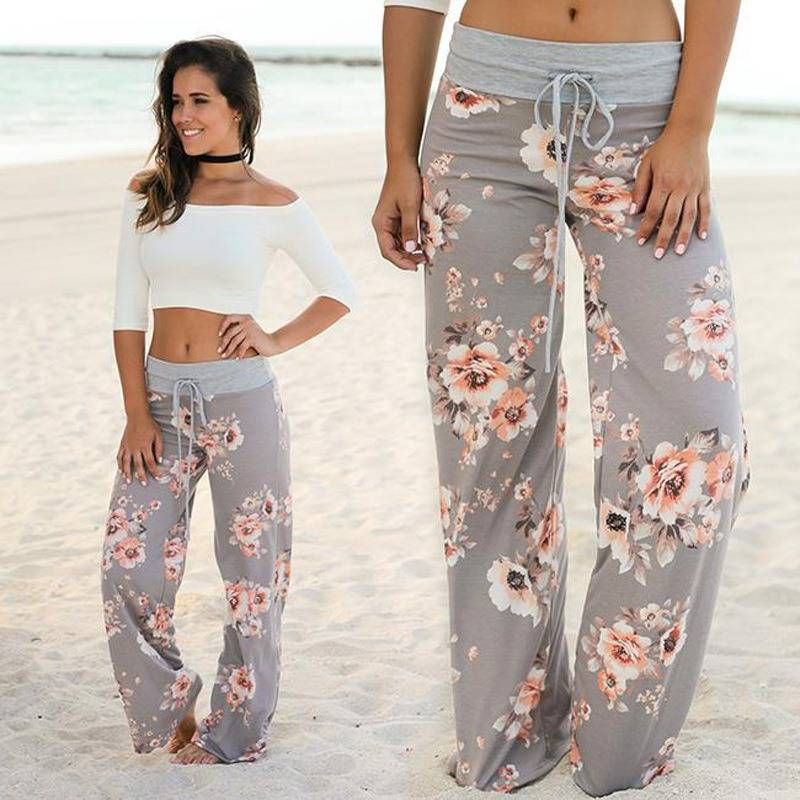 Plus Size Floral Print High Rise Drawstring Long Pants, Women's Plus Slight Stretch Loose Casual Pants_voghion.com