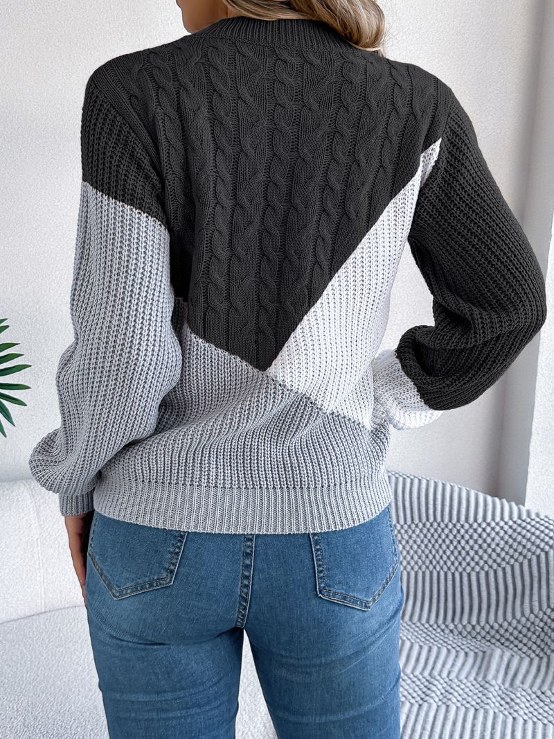 Women's Clothing Casual Colorblock Cable Knit Sweater Long Sleeve Round Neck Pullover Fall Winter Fashion Tops_voghion.com
