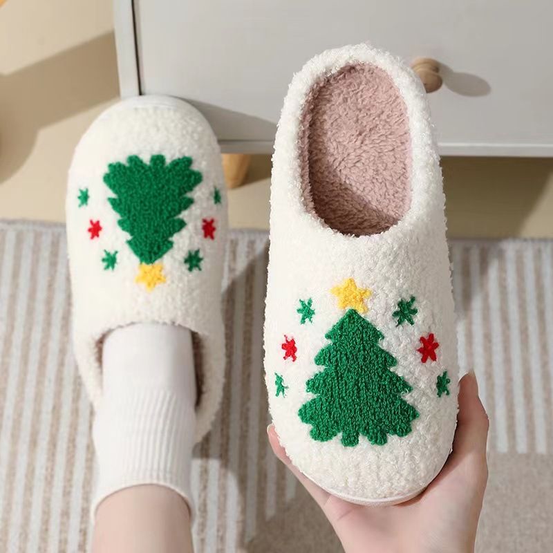 Pantofole di peluche a forma di albero di Natale per uomo e donna - Morbide pantofole da casa con suola antiscivolo in TPR - Calzature carine per la casa delle vacanze_voghion.com