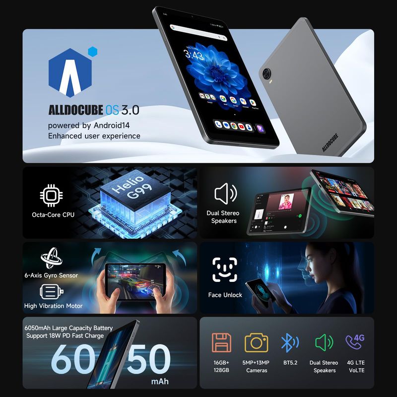 Tablette ALLDOCUBE IPlay60 Mini Pro 8,4 pouces Android 14, processeur Helio G99, 16 Go + 128 Go (512 Go TF), écran Full HD 1920 x 1200, Widevine L1 6050 mAh, 5 Mpx/13 Mpx, 4G LTE_voghion.com