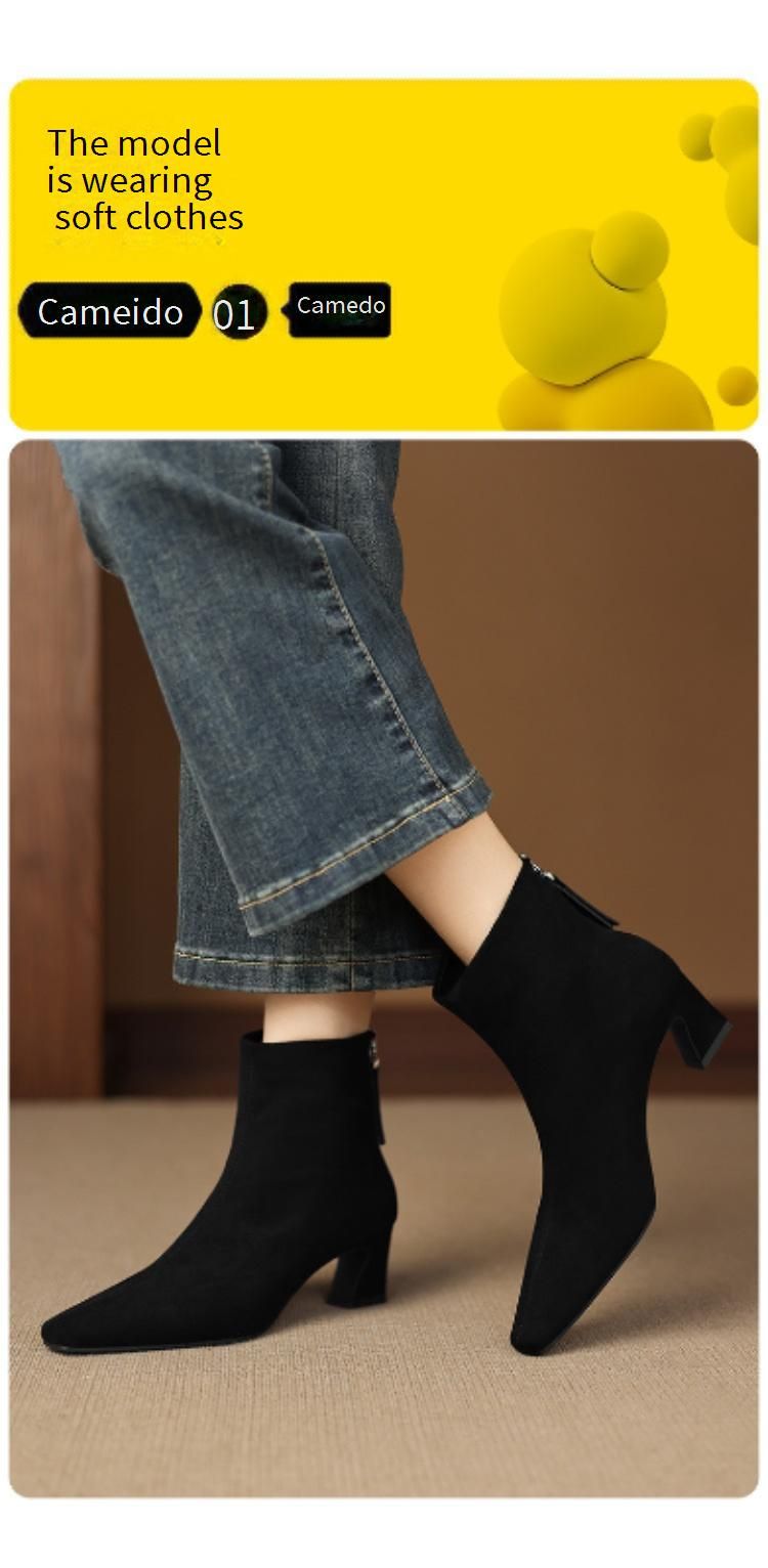 Cameido Women's French Style Suede Mid Heel Chunky Heel Slim Ankle Boots For Autumn And Winter_voghion.com