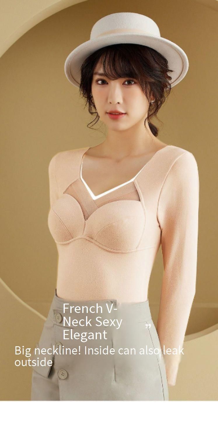 Thermal Underwear For Women With Built-in Bra - Fleece Lined, Seamless, V-Neck, Slim Fit, Long Sleeve Winter Base Layer_voghion.com
