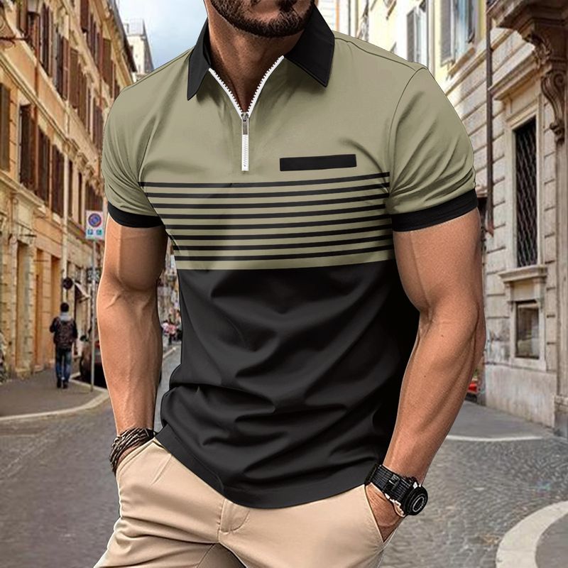 Polo a righe stampate da uomo con cerniera, in saldo estivo 2025d Ins 2024_voghion.com