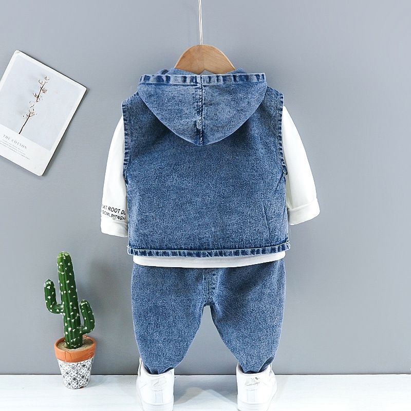 Haine pentru bebeluși, primăvară, toamnă, costum rupt, jachetă din denim, vestă cu glugă, cămașă + pantaloni, set 3 piese_voghion.com