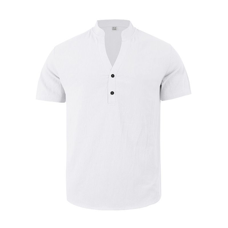 Herrenbekleidung Außenhandel Herren Casual Loose Shirt Herren Trendy Stehkragen Leinen Kurzarm Einfarbiges Hemd Große Herrenbekleidung_voghion.com