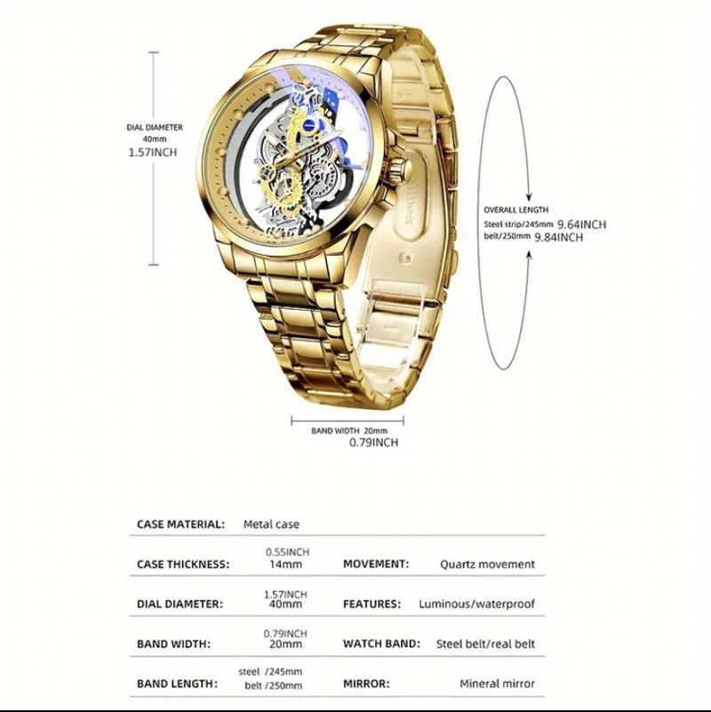 Men's Stainless Steel Skeleton Automatic Watch With Luminous Hands, Water Resistant 30M, Round Dial, Mineral Glass, Fashion Casual Dress Watch_voghion.com