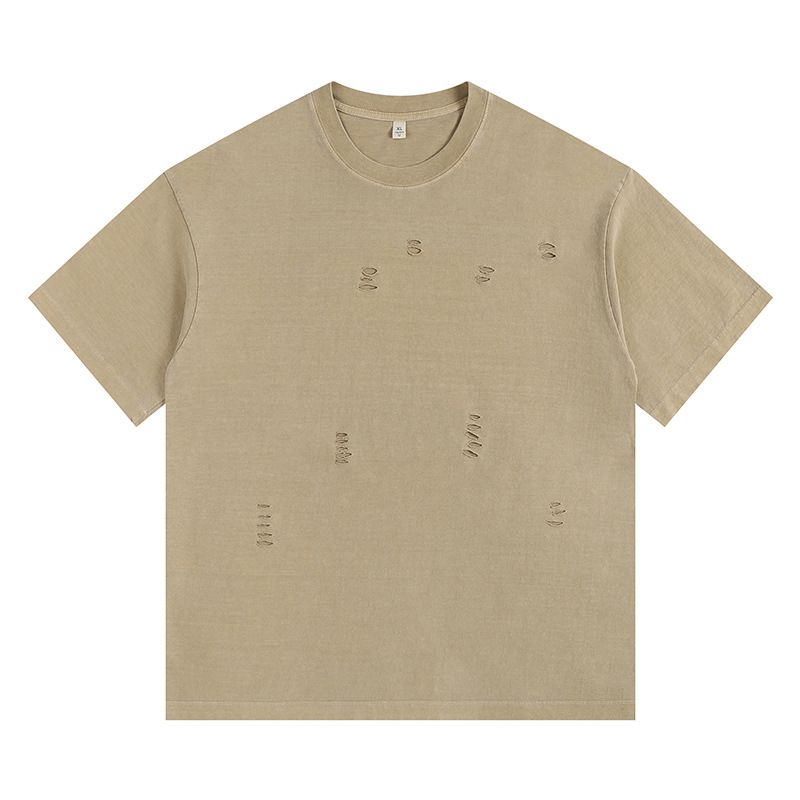 2025d 260g American Style Solid Color Crew Neck Distressed Cool Vintage Washed T-Shirt With Embroidered Text_voghion.com