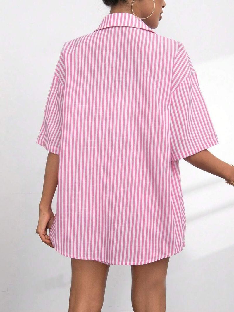 Abbigliamento da donna, nuovo stile, pantaloncini a righe con risvolto e maniche corte, casual, due pezzi, completo da donna_voghion.com