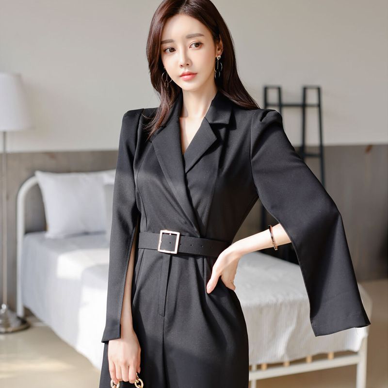 Ripped Sleeve Split Jumpsuit For Women 2023 Spring New Elegant Slim Fit Suit Collar Waist-Cinching Slimming Professional_voghion.com