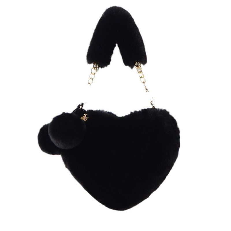 Süße Herzform für Damen, Pelzkettenhandtasche, Pfirsich-Herz-Umhängetasche für Kinder, Plüschtasche_voghion.com