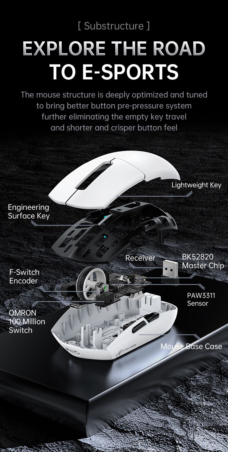 Mouse ATTACK SHARK G3PRO leggero per giochi e-sport, caricabatteria da sedile RGB Bluetooth wireless a tre modalità_voghion.com