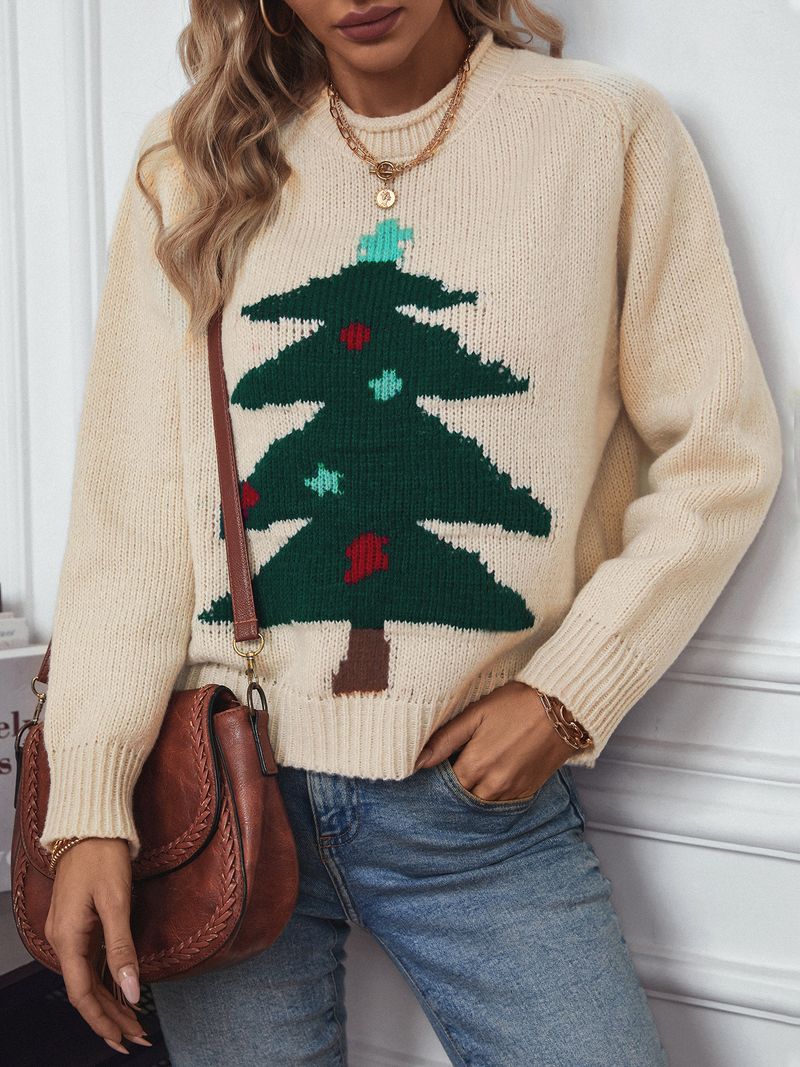 Pull en tricot ample à col rond pour femme, motif sapin de Noël, automne et hiver_voghion.com