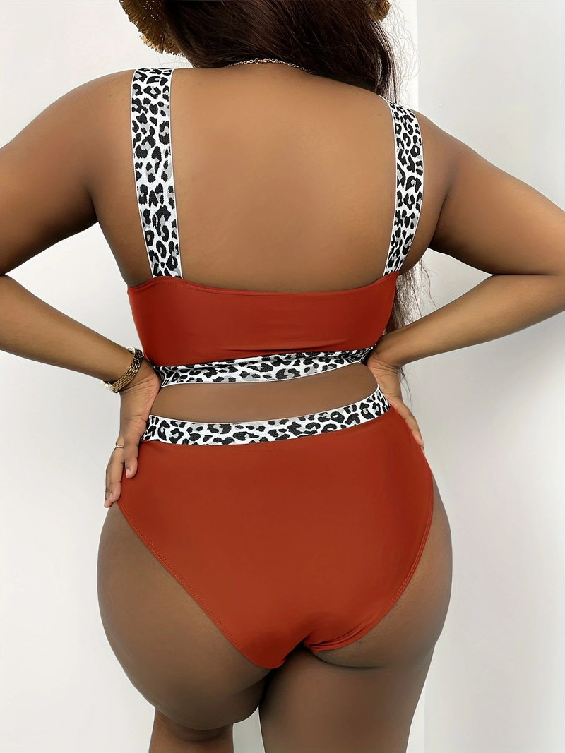 New Fat Mm Large Tank Top Solid Color Leopard Pattern Spliced High Waist Bikini DM326_voghion.com