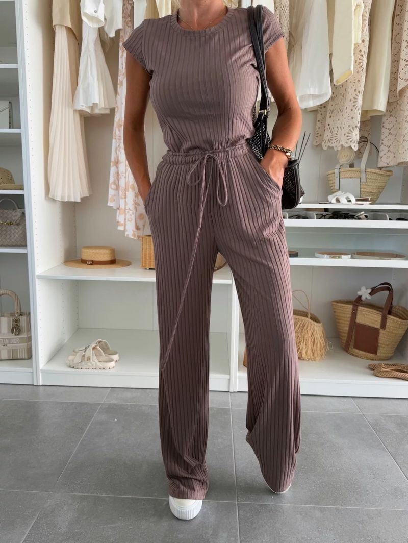 Women's Clothing New Textured Knitted Short Sleeved Tops Wide Leg Trousers Elastic Mid Waist Solid Color Casual Suit_voghion.com
