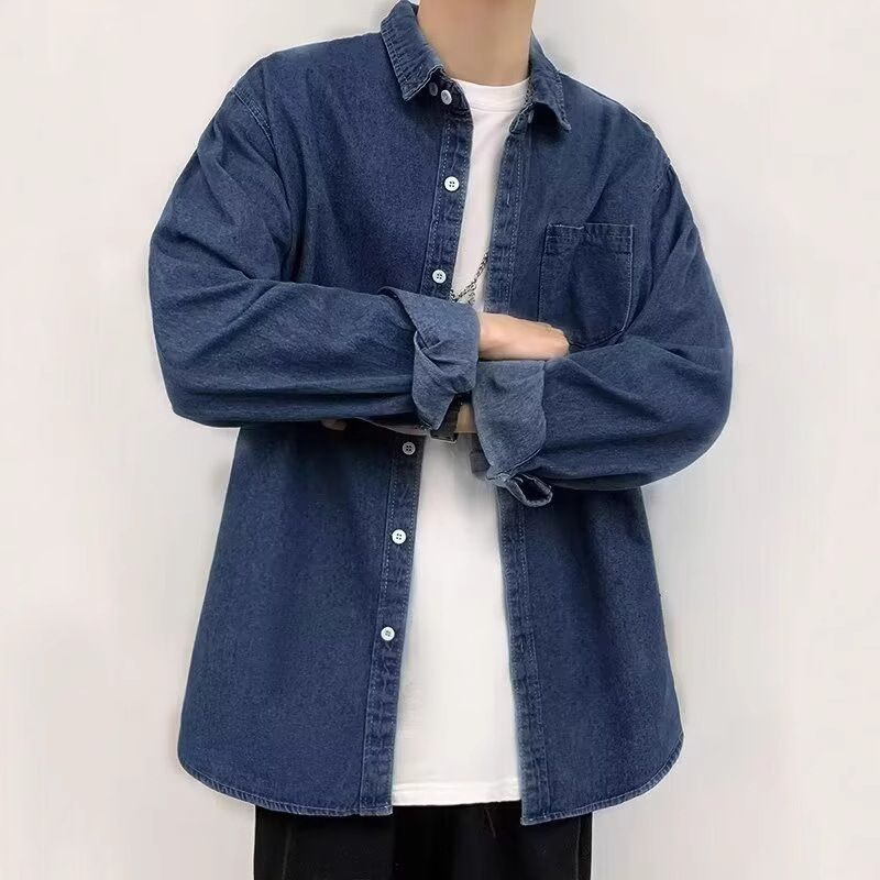 Camicia da lavoro a maniche lunghe in denim lavato da uomo, nuova tendenza primavera-autunno, casual, versatile ed elegante._voghion.com
