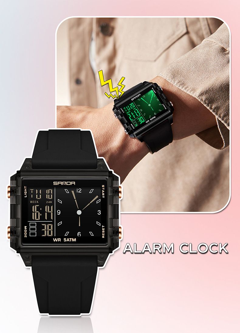 Square Multi-Function Digital Analog Watch With Transparent Case, Dual Time Display, Alarm, Stopwatch, Waterproof, And Luminous Feature_voghion.com