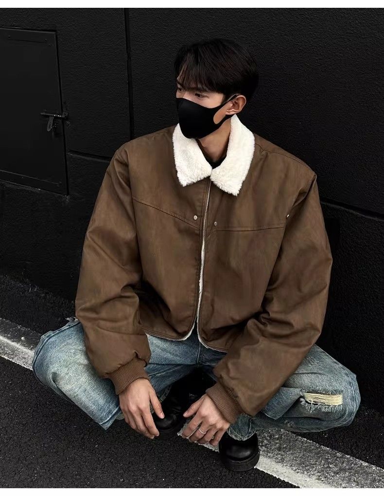 Men's Retro PU Leather Shearling Bomber Jacket, Thickened Short Puffer Coat With Stand-Up Collar, Maillard Style Vintage Aviator Jacket For Winter_voghion.com