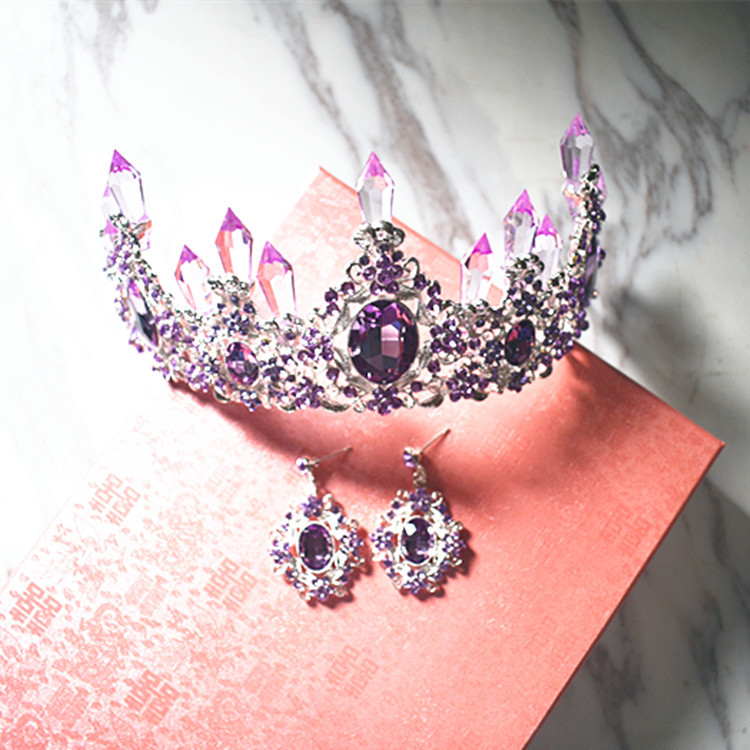 Brud koreansk lila kristallpelare stor krona tiara set bröllop drottning håraccessoarer barock krona_voghion.com
