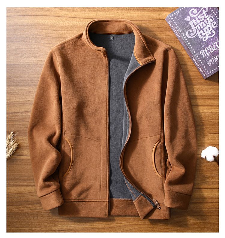 Giacca da uomo autunno inverno in pile, cardigan felpato per uomini di mezza età e giovani, calda e casual, con colletto rialzato_voghion.com