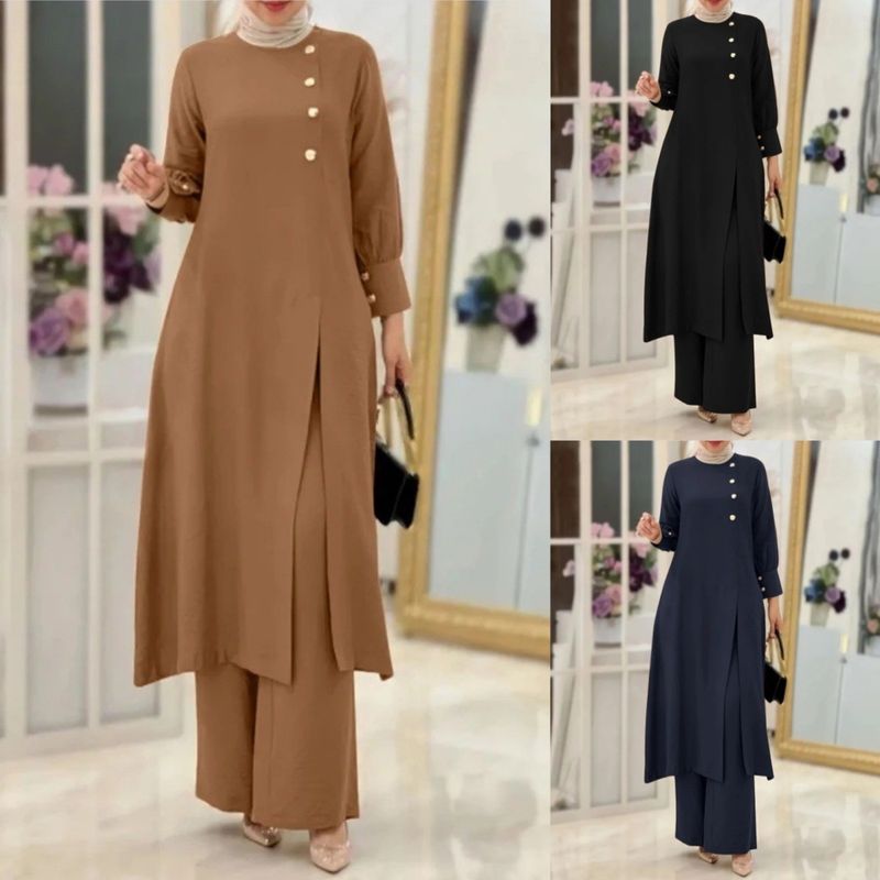 Abito da donna a due pezzi, alla moda ed elegante, tinta unita, con spacchi laterali, camicia lunga, pantaloni a gamba larga e vestaglia._voghion.com