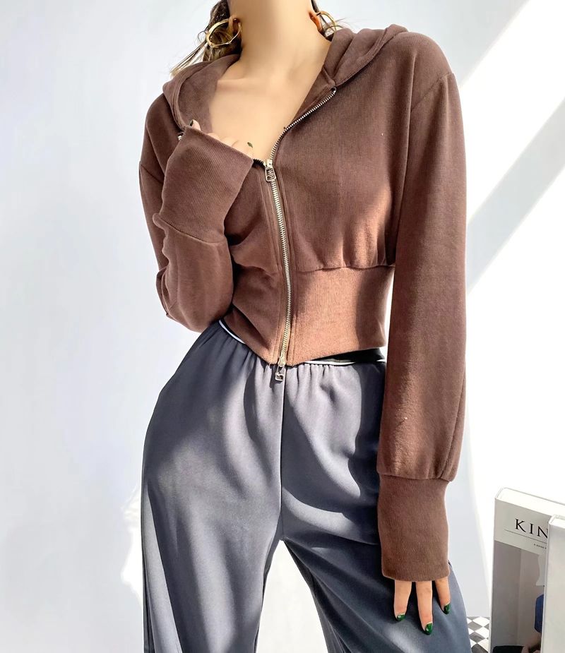 Ins High Waisted Loose Slimming Sports Jacket 2021 Autumn New Item Double Zipper Casual Hooded Sweatshirt For Women_voghion.com