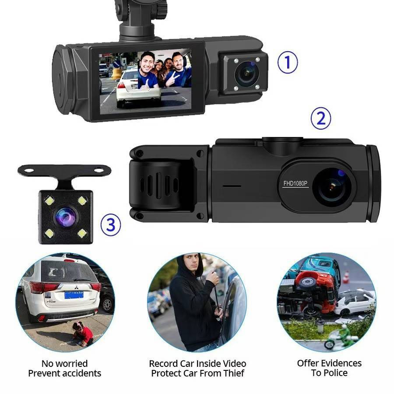 Enregistreur de conduite haute définition 1080p avec trois objectifs et affichage simultané, équipé d'une image inversée, Wi-Fi mobile et DVR de voiture_voghion.com