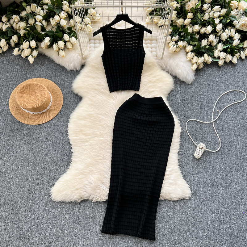 2025 Retro Gestrickte Zwei Stücke Sets Ärmelloses Kurzes Top + Hohe Taille Schlank Lange Röcke Weibliche Sommer Hotsweet Anzüge_voghion.com