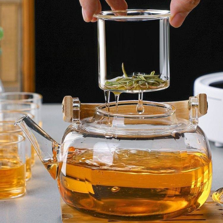 BambooZen Glass Teapot - Thickened Borosilicate With Wooden Handle (1.2L, Stovetop Safe, High-Temperature Resistant)_voghion.com