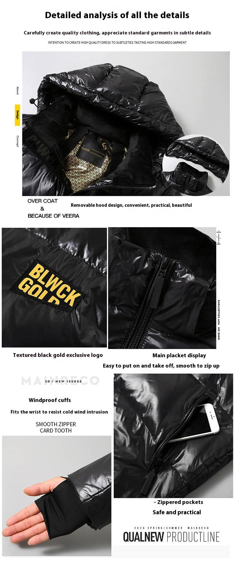 Men's Winter Jacket Short Puffer Coat With Hood, 550 Fill Power Duck Down, Windproof & Machine Washable, Slim Fit, Black Gold_voghion.com