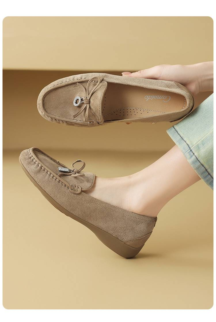Cameido Damen Freizeitschuhe - Khaki Echtes Leder Runde Zehenpartie 2,5 cm Höhe Gummisohle_voghion.com