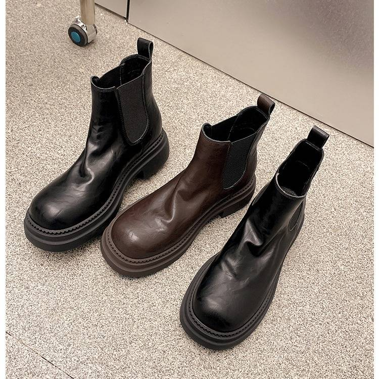 Kurze Stiefel für Damen, Vintage-Chelsea-Stiefel mit verstecktem Keilabsatz – echtes Leder, wassergewaschen, Used-Look, runde Zehenpartie, Slip-On-Design, Herbst/Winter_voghion.com