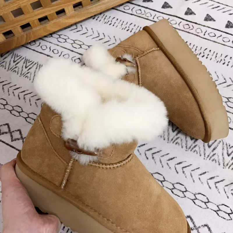 Winter New Short Boots, Cowhide And Wool Snow Boots For Women, Cow Horn Buckle Thick Sole For Warmth And Anti Slip, Thick Snow Boots_voghion.com