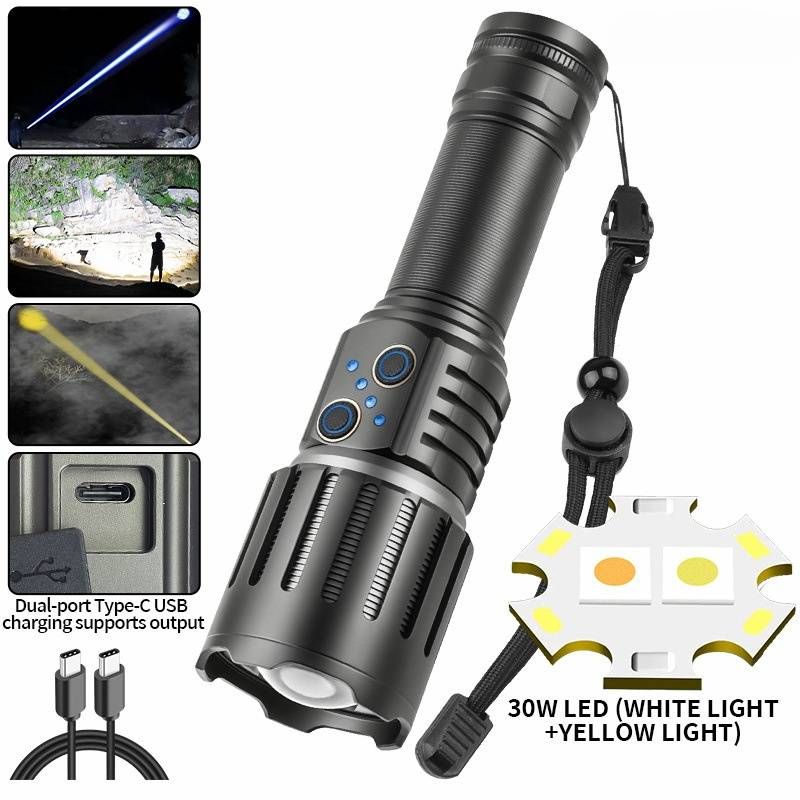 Dual-Source White Laser Flashlight – 1500LM Ultra-Bright, Type-C Rechargeable, 500m Beam, White/Yellow/Blue Light Modes_voghion.com