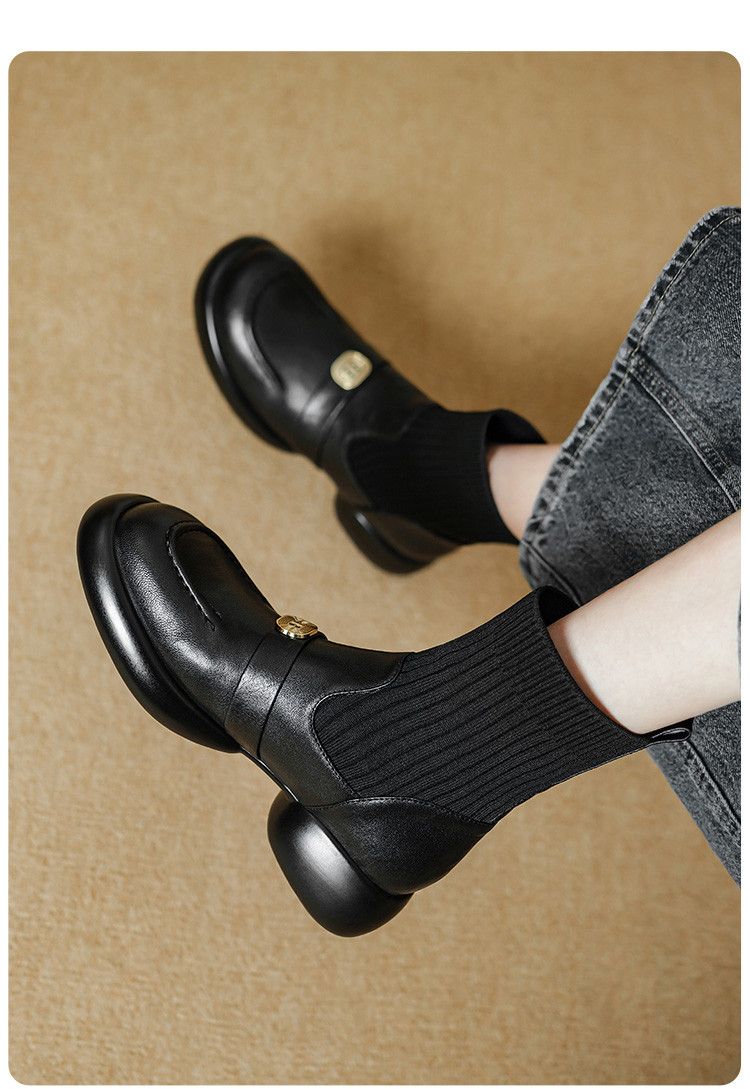 Cameido Women's Leather Short Boots With Elastic Knit Shaft Chunky Heel British Style Autumn Winter_voghion.com