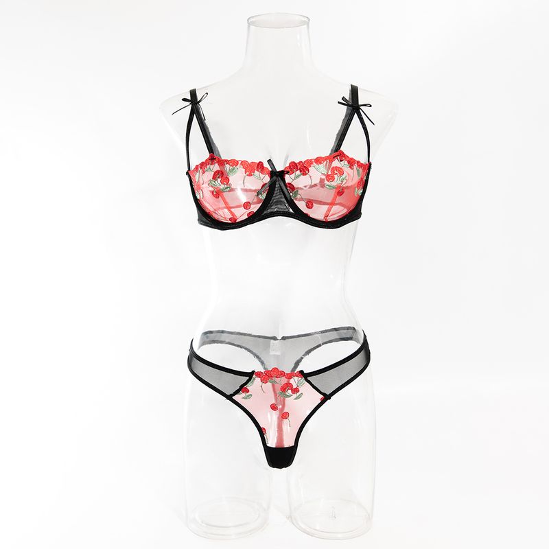 Completo reggiseno in rete trasparente ricamato in stile francese con dettagli a fiocco - Lingerie 2 pezzi_voghion.com
