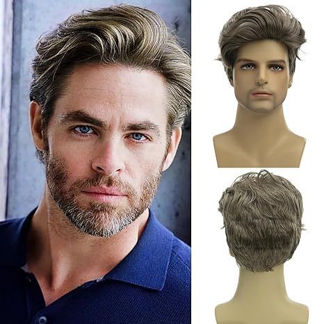 Parrucca sintetica corta e liscia da uomo - Acconciatura con riga laterale, biondo cenere e frangia laterale (alla moda, con calotta intera resistente al calore, look naturale)_voghion.com
