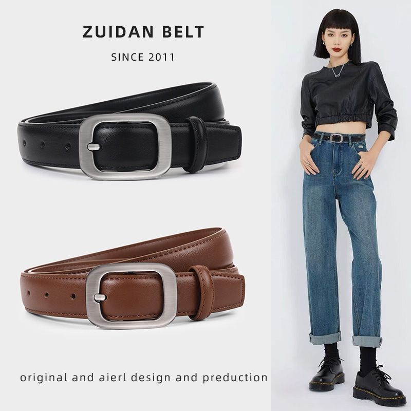 New Women's Square Genuine Leather Needle Buckle Fashion Versatile Decorative Jeans Dress Belt_voghion.com