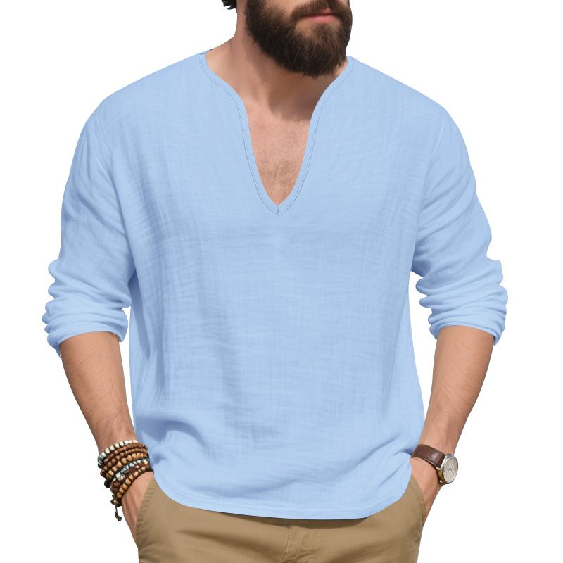 Maglietta a maniche lunghe da uomo in lino, casual, traspirante, con scollo a V, taglia grande, nuova collezione autunno-inverno_voghion.com