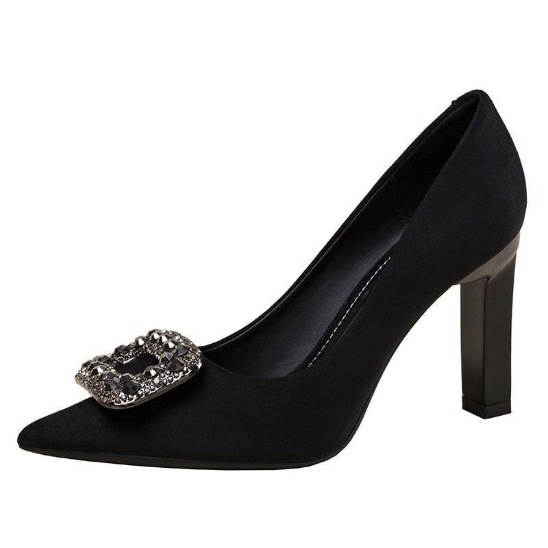 Elegante, professionelle schwarze High Heels für Damen, neue spitze Zehenpartie, Strasssteine, High-End, Pendlerarbeit, klobiger Absatz_voghion.com