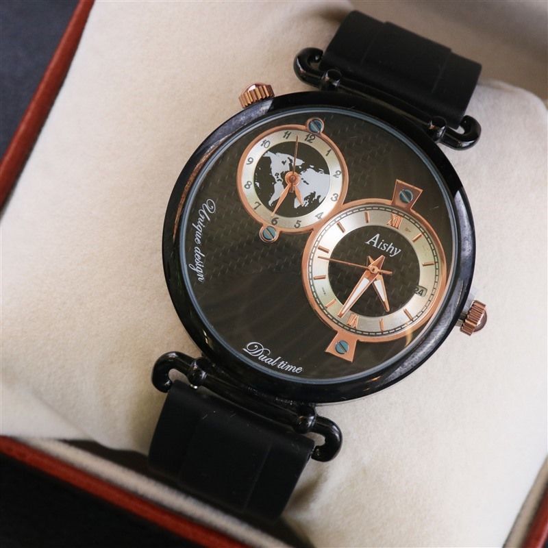 High-end Men's Movement Waterproof Cool Business Watch With Rubber Silicone Strap Dual Time Zone Hot Sale_voghion.com