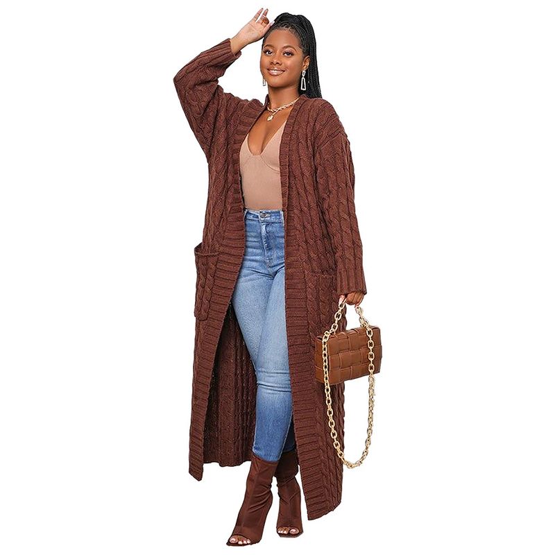 Damenbekleidung Locker gestrickte Strickjacke, gemütliche, übergroße Strickjacke mit Taschen, langer Zopfmuster-Pullovermantel, lockerer Boho-Chic, offene Vorderseite_voghion.com