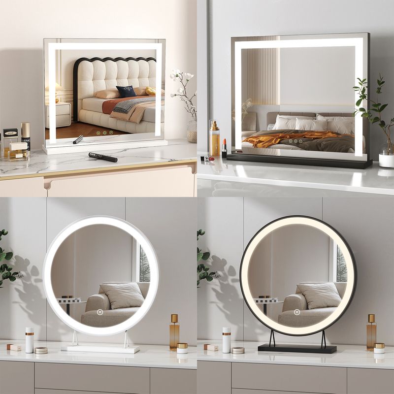 Hollywood Tabletop Vanity Makeup Mirror Dimmable LED 3 Light Colors Touch_voghion.com