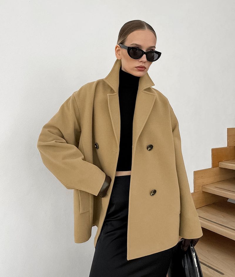 2025 Herbst-Winter-Wollmantel, mittellang, locker, verdickt, braun, zweireihig, Wolljacke, Pendler-Damenbekleidung_voghion.com